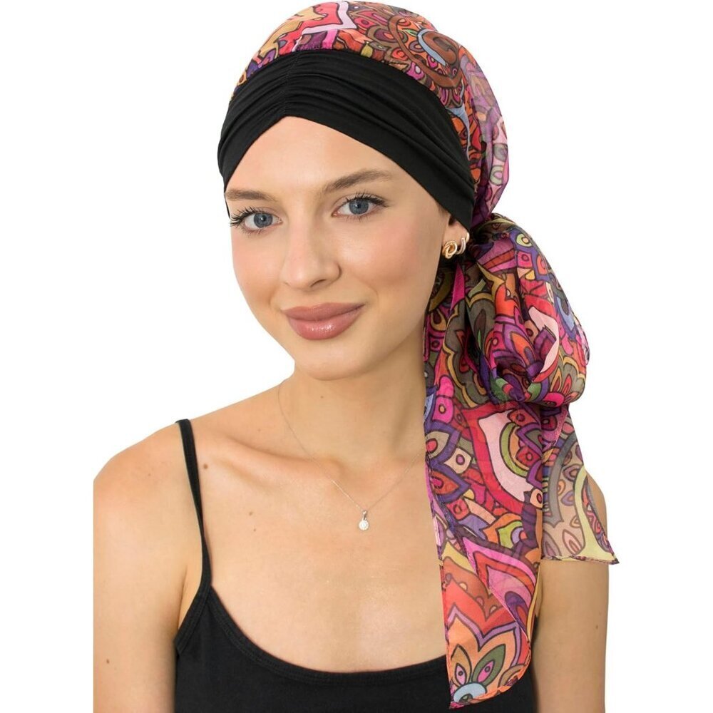 Women’s Black colourful Scarf Skull Cap Chemo Headwear Hair Loss Turban